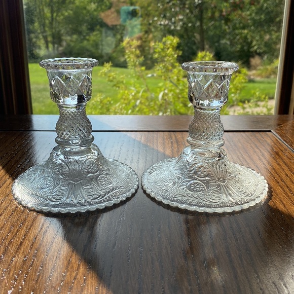 Vintage Pair Duncan Miller Sandwich Glass Candlesticks - Picture 1 of 5